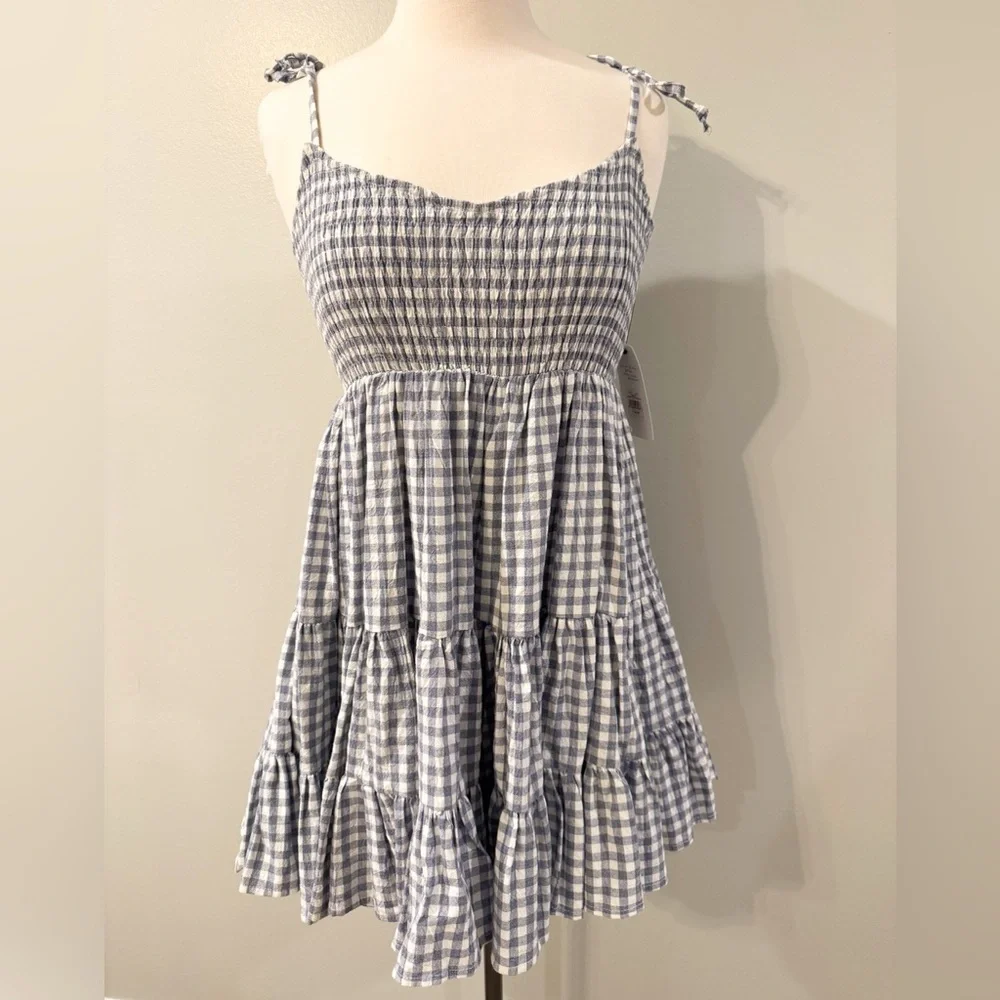 MABLE blue white gingham midi dress size medium NWT